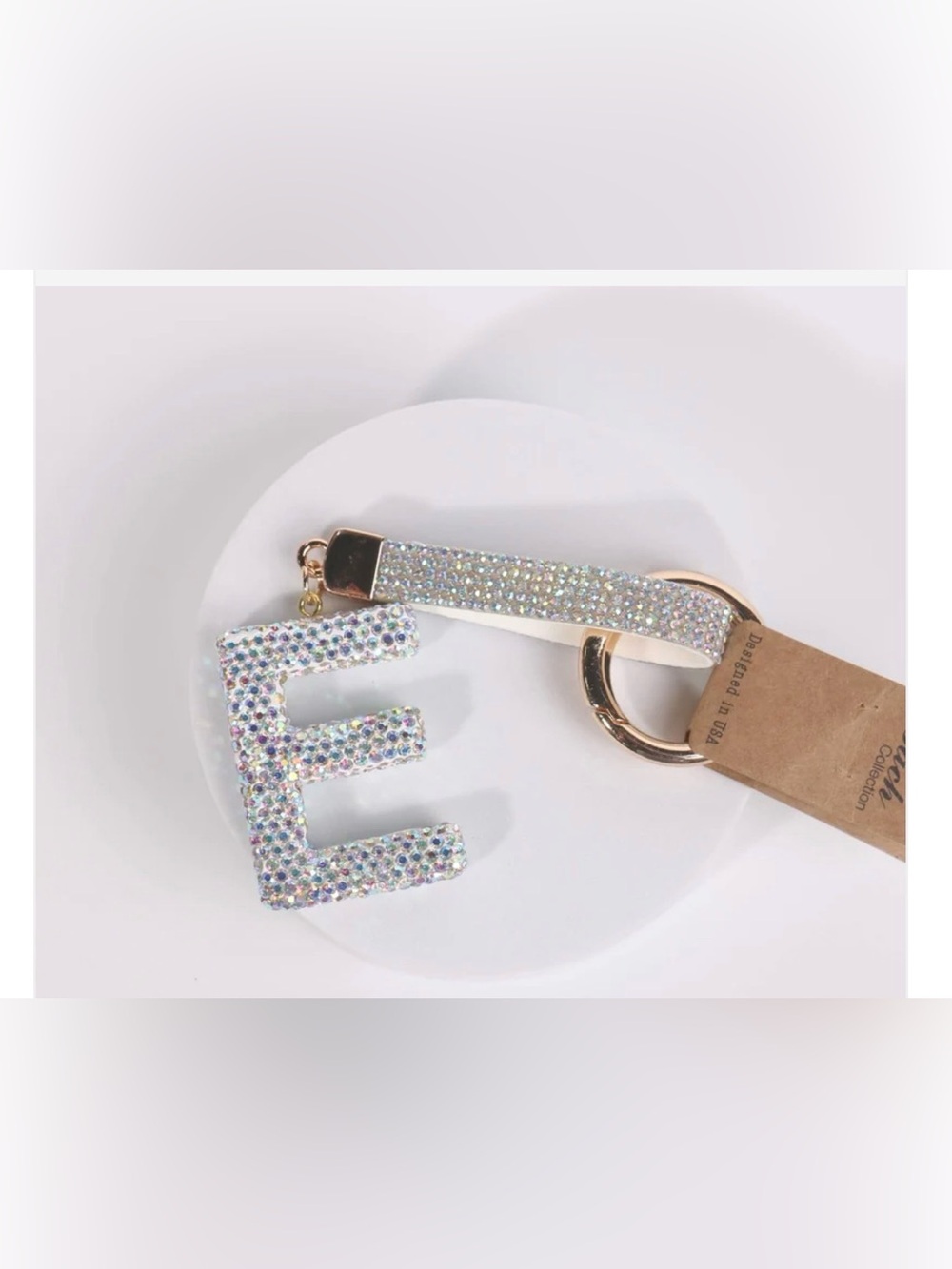 Crystal Rhinestone 'E' Initial Keychain Wristlet - White